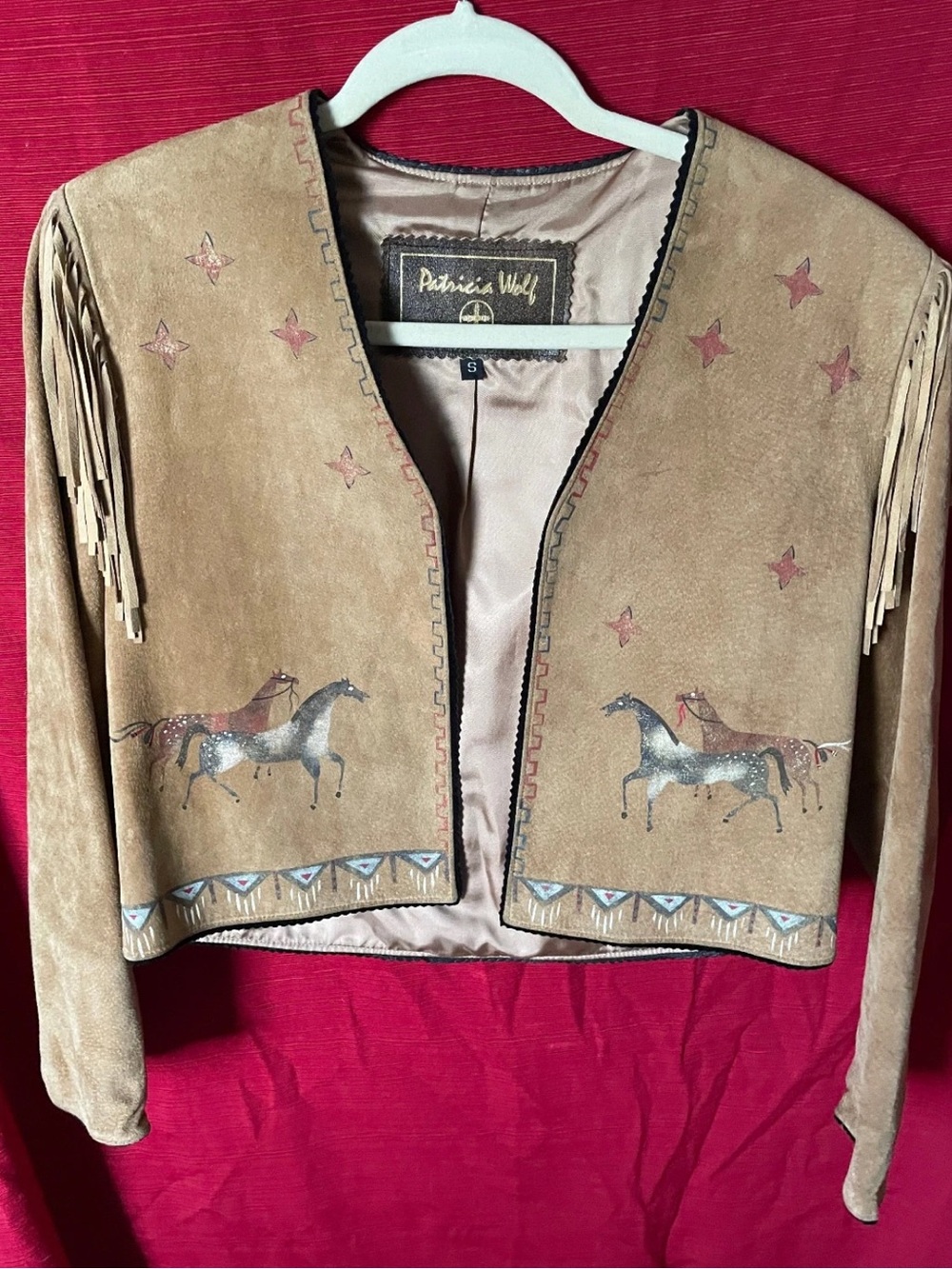 Patricia Wolf hand painted suede jacket fringe horses Indian ponies RTL $425 S